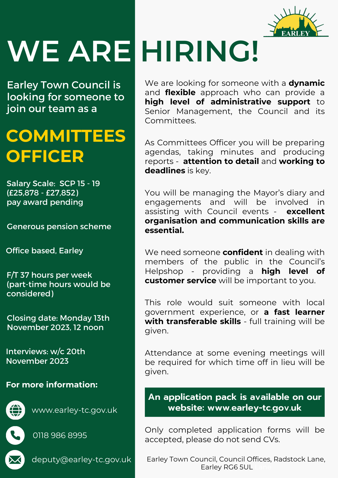 We’re Hiring – Committees Officer – Earley Town Council